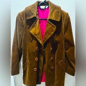 Trina Turk Brown Corderoy Pea Coat w/ hot pink lining